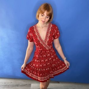Red boho wrap print dress
